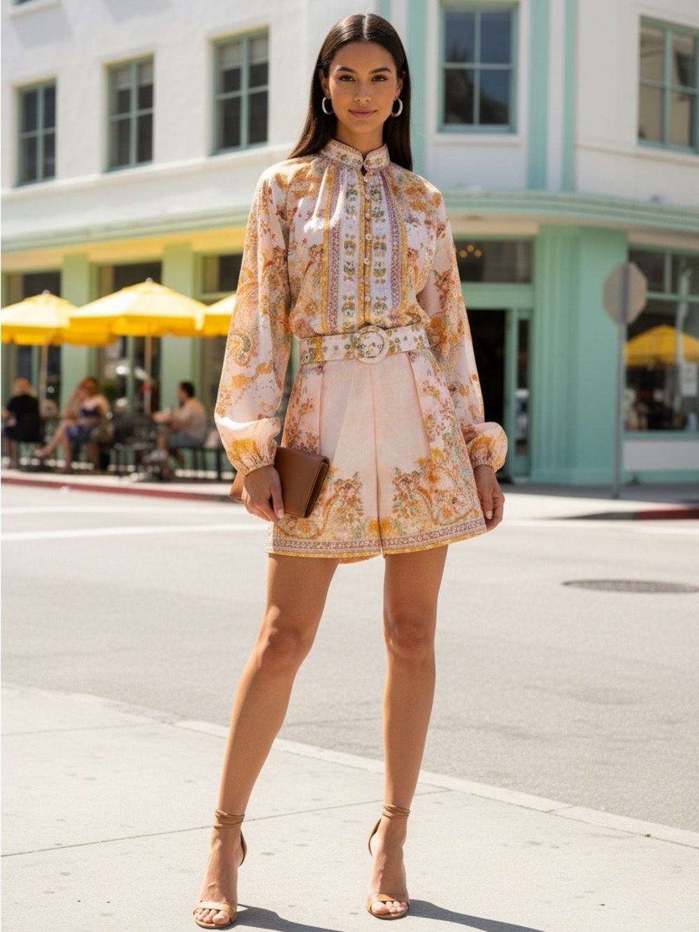 Boho Floral Paisley Print Button-Front Blouse in Soft Peach & Gold
